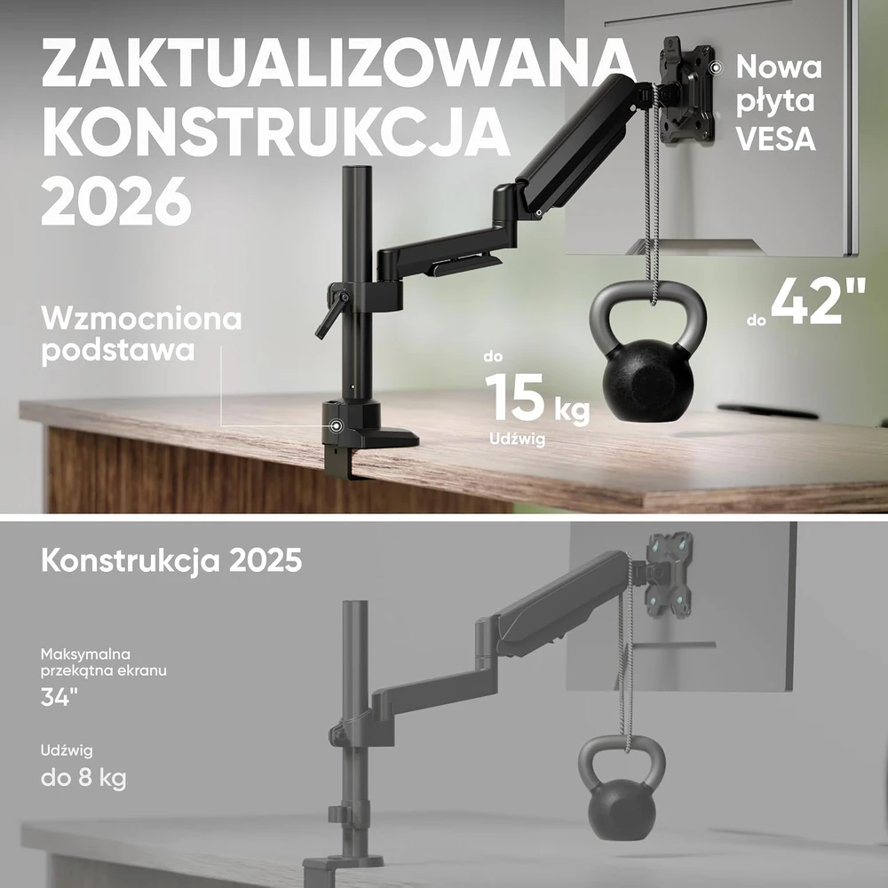 ONKRON monitoriaus laikiklis su dujine spyruokle 17–42 col., iki 15 kg, VESA G70-B