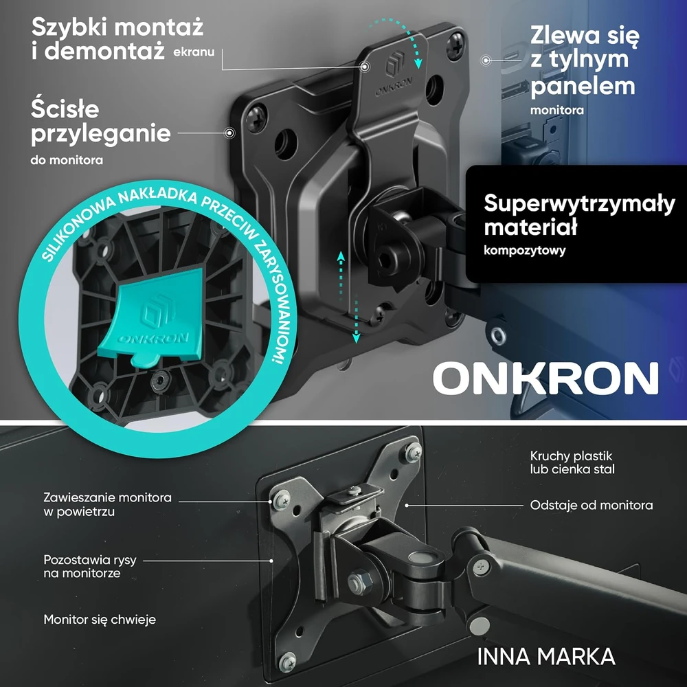 ONKRON monitoriaus laikiklis su dujine spyruokle 17–42 col., iki 15 kg, VESA G70-B