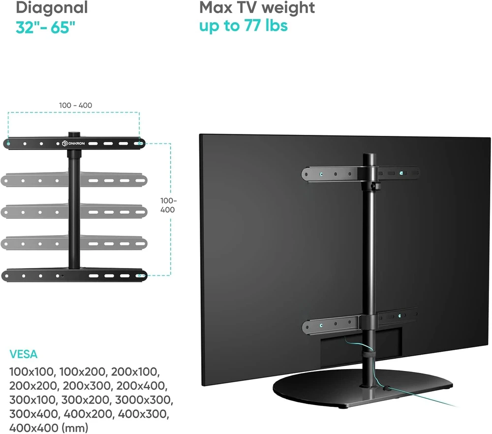 Laikiklis ONKRON televizoriaus stovas 32–65 colių ekranams iki 35 kg, VESA 100 × 100–400 × 400, PT2-B