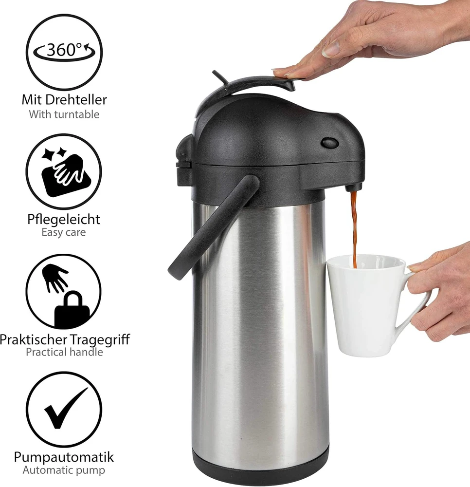ONVAYA termosinis ąsotis su pompa, 3 l, dvigubos sienelės, nerūdijančiojo plieno