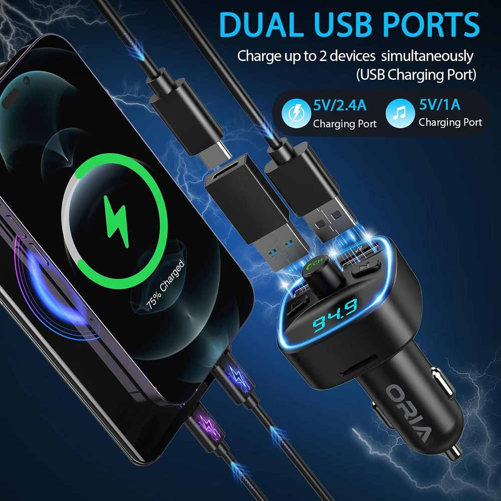 ORIA FM Bluetooth siųstuvas automobiliui su USB įkrovikliu QC 3.0, Bluetooth 5.3