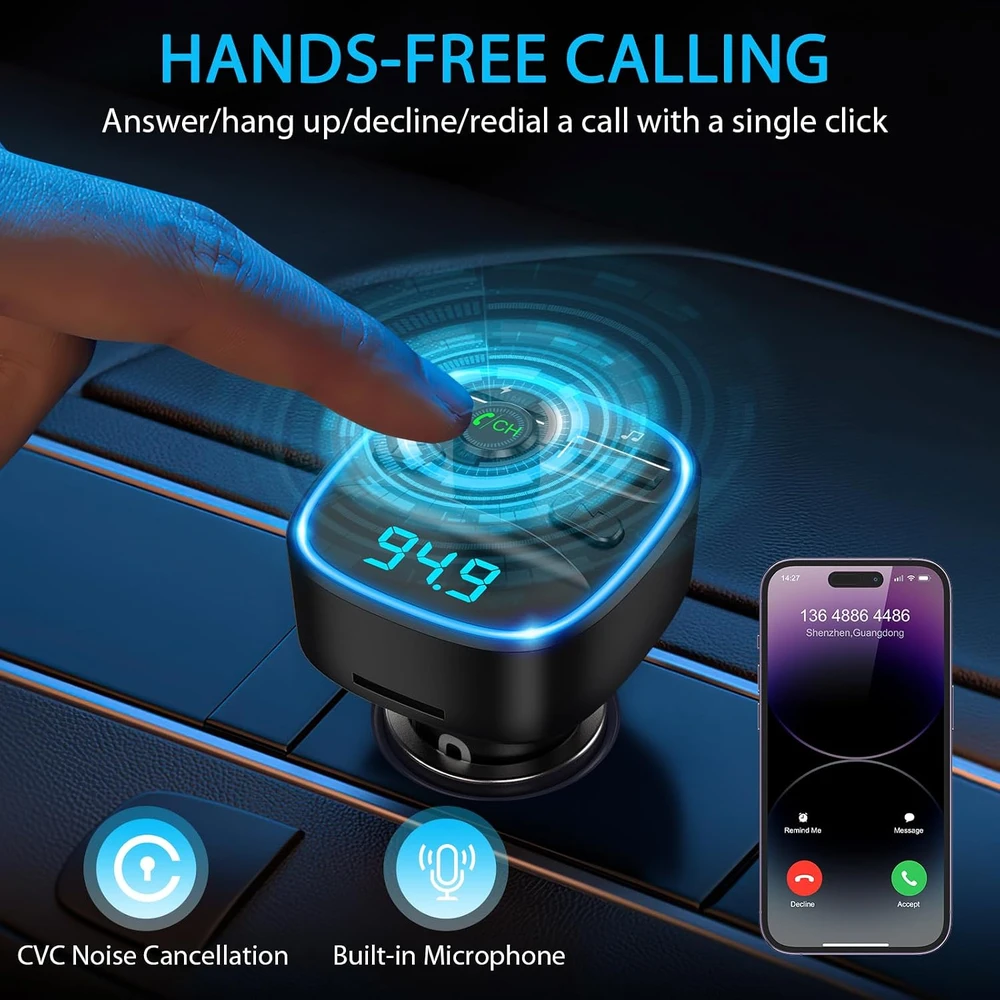ORIA FM Bluetooth siųstuvas automobiliui su USB įkrovikliu QC 3.0, Bluetooth 5.3