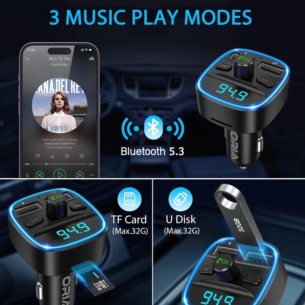ORIA FM Bluetooth siųstuvas automobiliui su USB įkrovikliu QC 3.0, Bluetooth 5.3