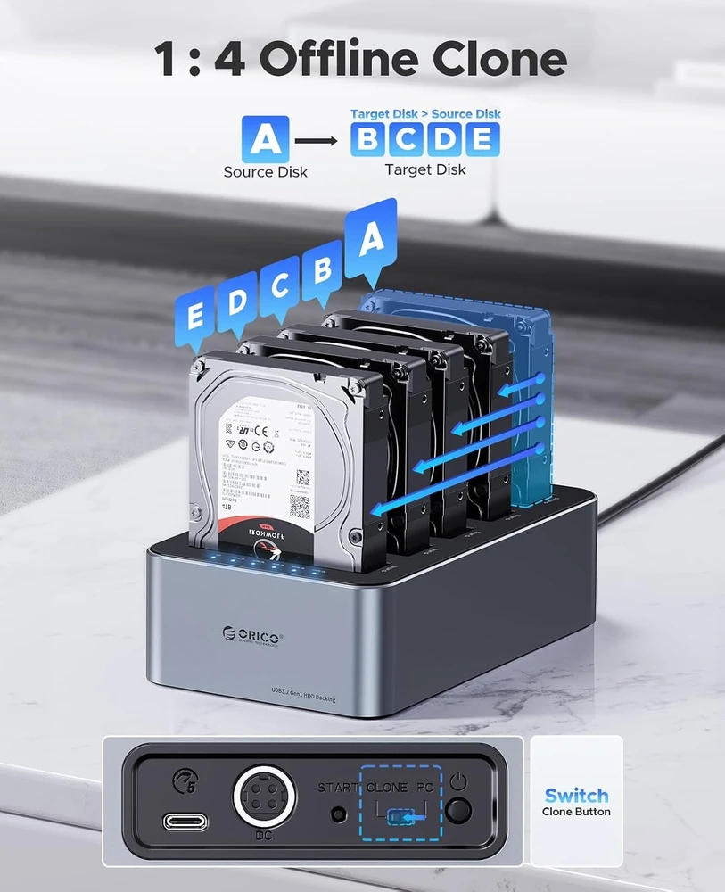 Orico 6656C3-C 5 skyrių prijungimo stotelė su „Offline Clone“ funkcija 2.5"/3.5" SATA HDD/SSD – Pilka