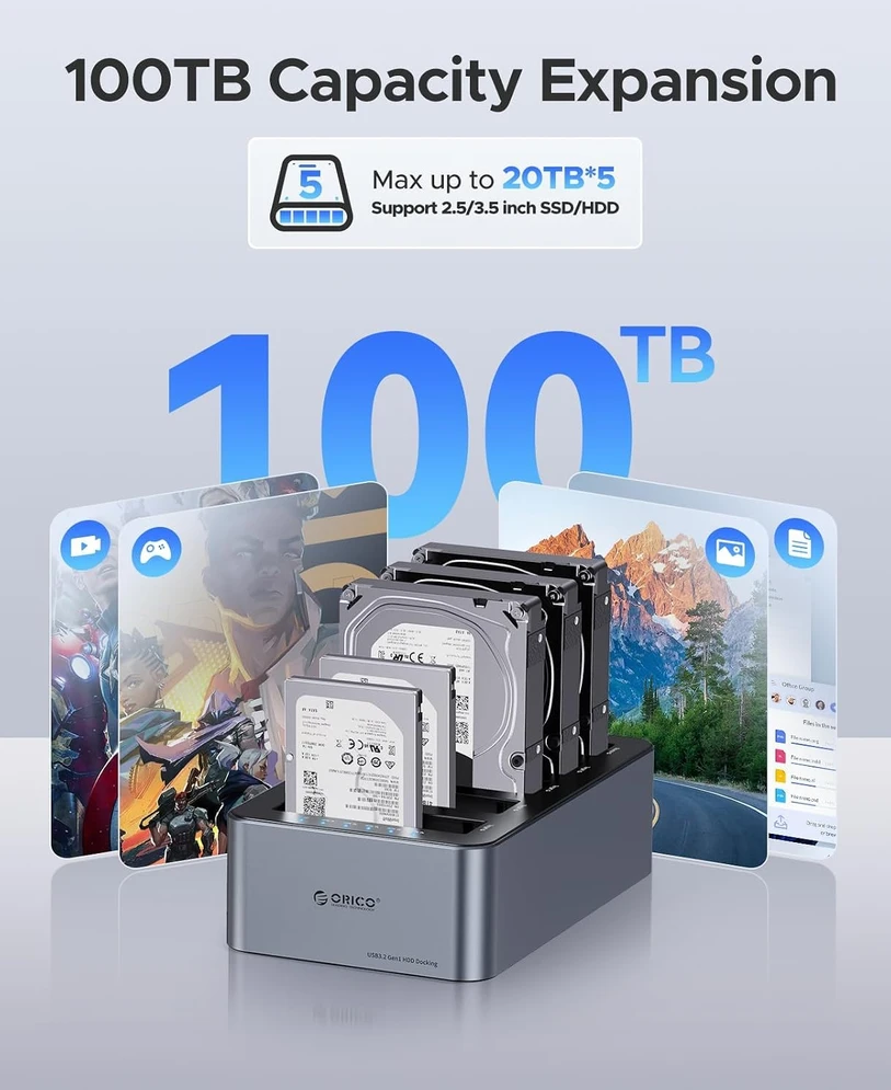 Orico 6656C3-C 5 skyrių prijungimo stotelė su „Offline Clone“ funkcija 2.5"/3.5" SATA HDD/SSD – Pilka