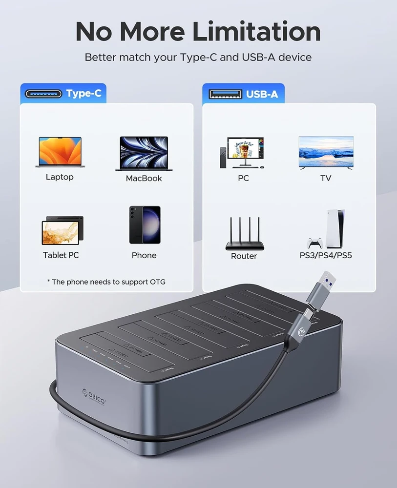 Orico 6656C3-C 5 skyrių prijungimo stotelė su „Offline Clone“ funkcija 2.5"/3.5" SATA HDD/SSD – Pilka