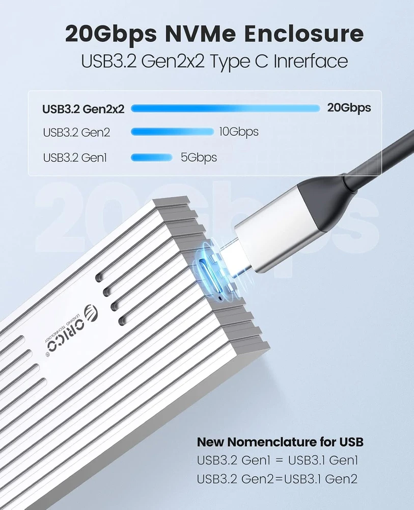 ORICO aliumininis M.2 NVMe SSD dėklas su USB-C 3.2 Gen 2x2, 20 Gb/s, M233
