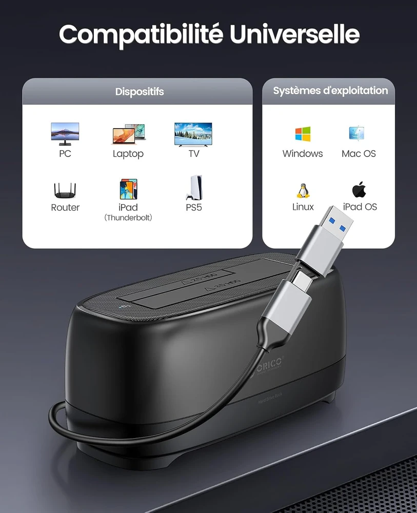 ORICO diskų dokavimo stotelė 2.5/3.5 col. SATA HDD/SSD, USB 3.2 Gen 1, 20 TB, DD18C3-EU