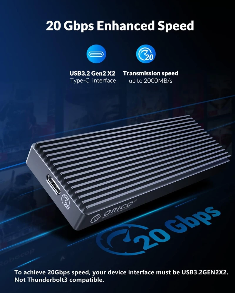 ORICO NVMe M.2 SSD dėklas USB 3.2 Gen 2x2 20 Gb/s iki 2000 MB/s M2PAC3