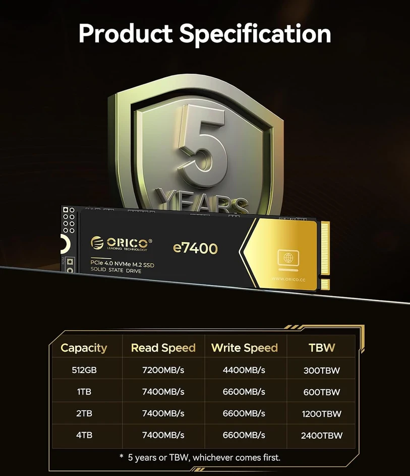 ORICO vidinis 1 TB M.2 NVMe SSD, PCIe 4.0 x4, iki 7400 MB/s, e7400-1TB