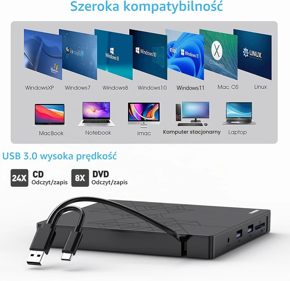 ORIGBELIE išorinis CD/DVD įrašymo įrenginys USB 3.0 ir USB-C, 24x/8x BT668