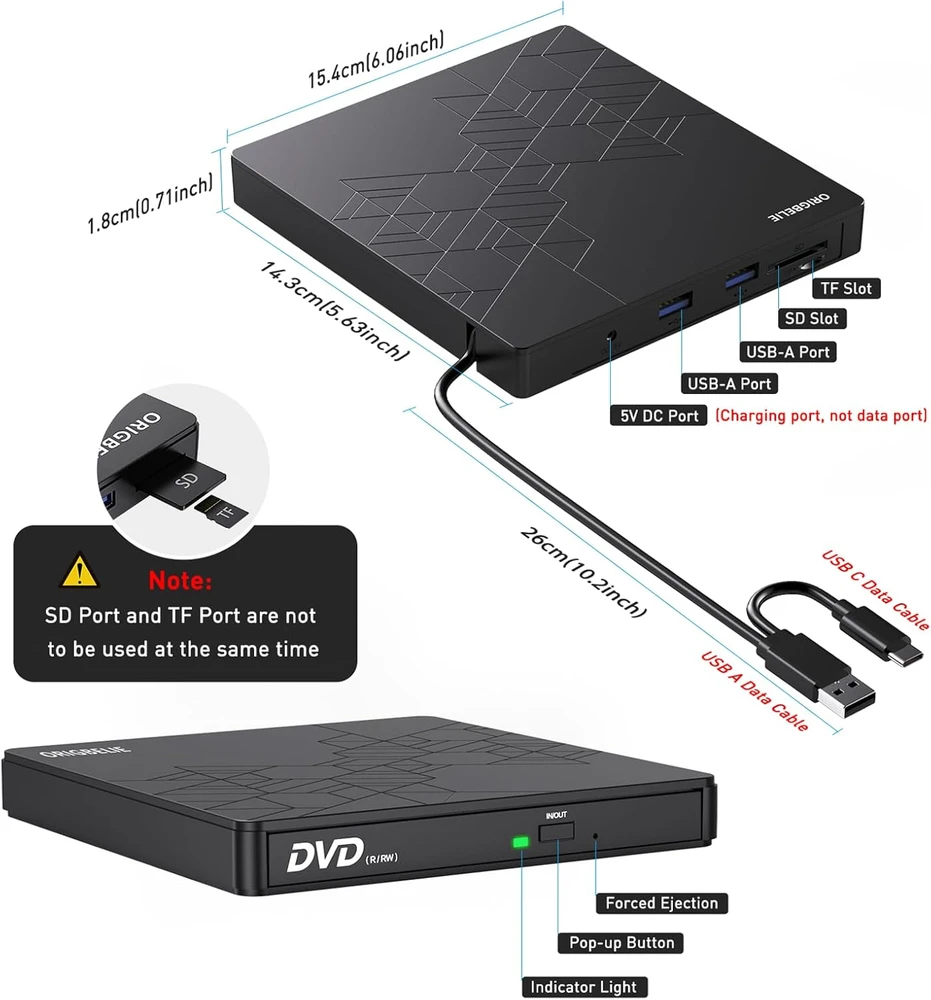 ORIGBELIE išorinis CD/DVD įrašymo įrenginys USB 3.0 ir USB-C, 24x/8x BT668
