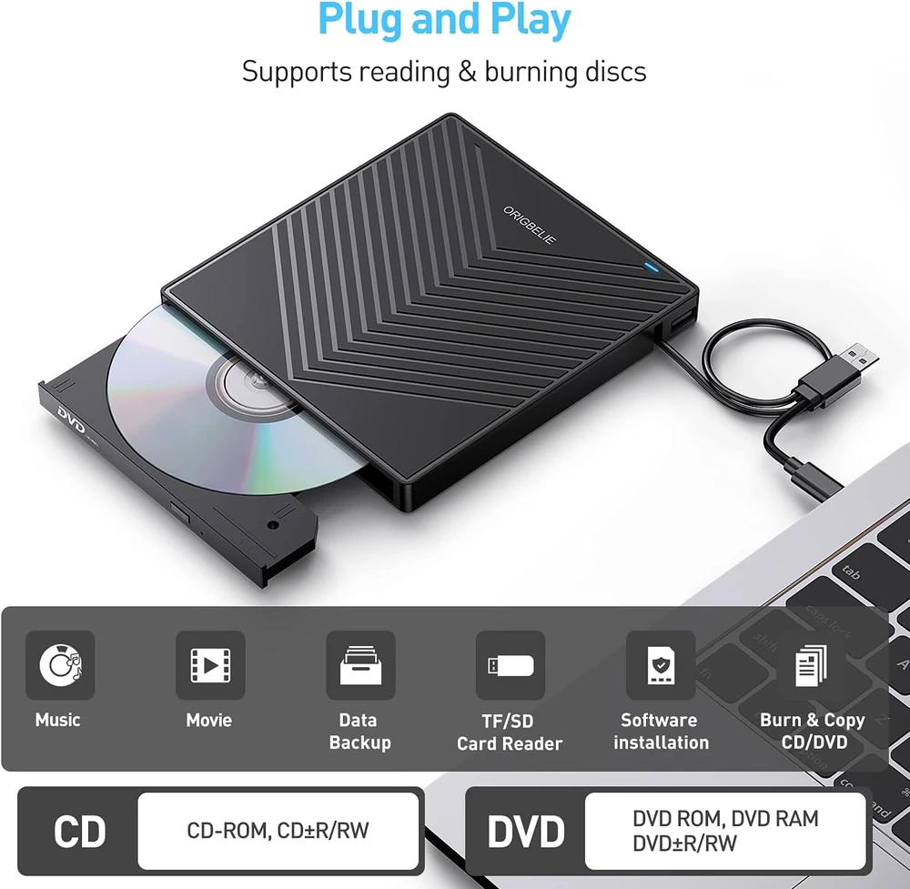ORIGBELIE išorinis CD/DVD įrašymo įrenginys USB 3.0, USB-C, 8x DVD, BT669