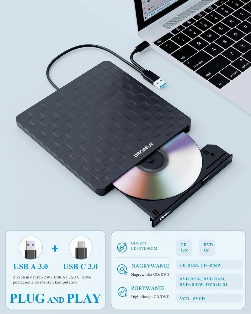ORIGBELIE išorinis CD/DVD įrašymo įrenginys su USB 3.0 ir USB-C TP520