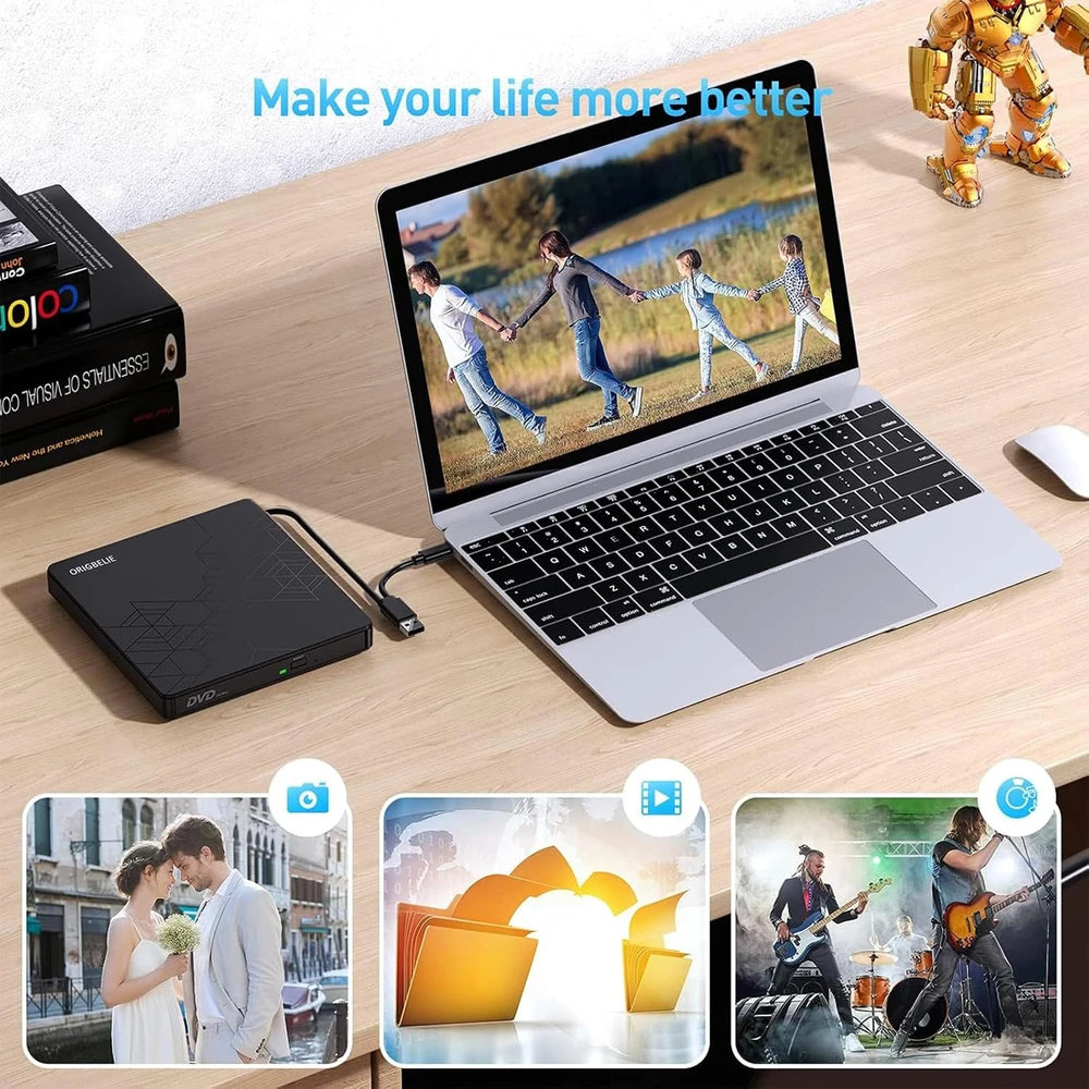 ORIGBELIE išorinis CD/DVD įrašymo įrenginys USB 3.0 ir USB-C, 24x/8x BT668