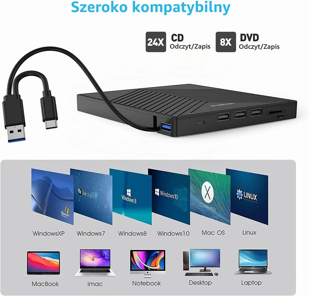ORIGBELIE išorinis CD/DVD įrašymo įrenginys USB 3.0, USB-C, 8x DVD, BT669
