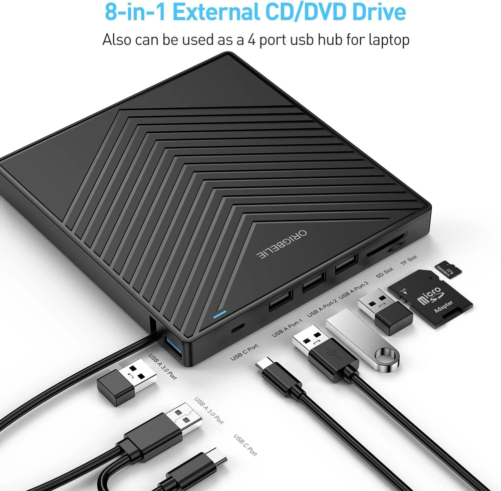 ORIGBELIE išorinis CD/DVD įrašymo įrenginys USB 3.0, USB-C, 8x DVD, BT669