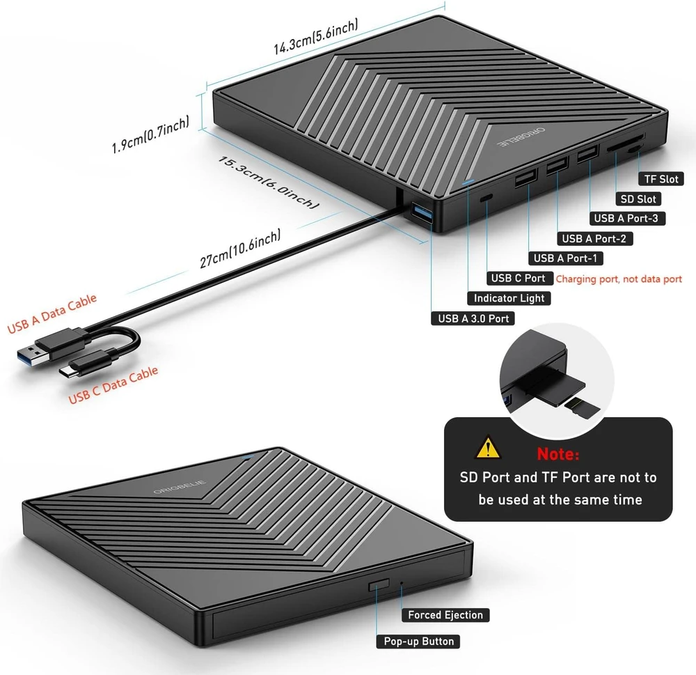 ORIGBELIE išorinis CD/DVD įrašymo įrenginys USB 3.0, USB-C, 8x DVD, BT669
