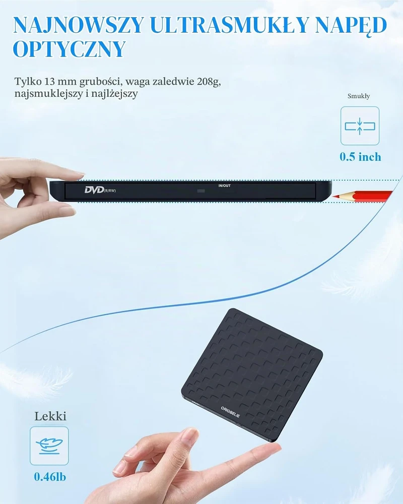 ORIGBELIE išorinis CD/DVD įrašymo įrenginys su USB 3.0 ir USB-C TP520