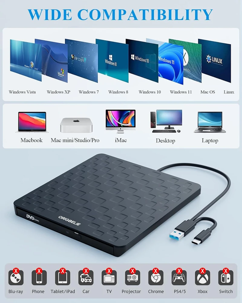 ORIGBELIE išorinis CD/DVD įrašymo įrenginys su USB 3.0 ir USB-C TP520