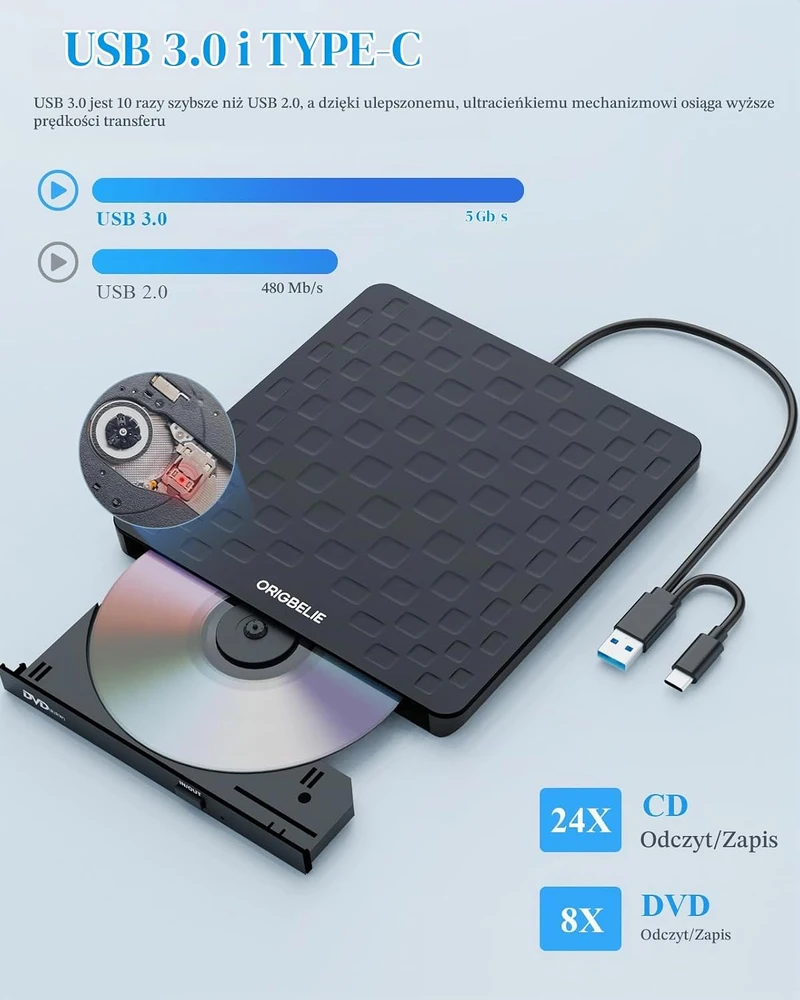 ORIGBELIE išorinis CD/DVD įrašymo įrenginys su USB 3.0 ir USB-C TP520