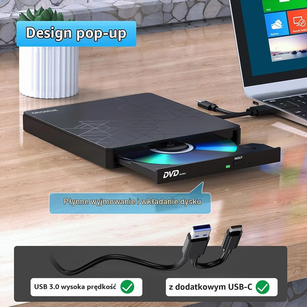 ORIGBELIE išorinis CD/DVD įrašymo įrenginys USB 3.0 ir USB-C, 24x/8x BT668
