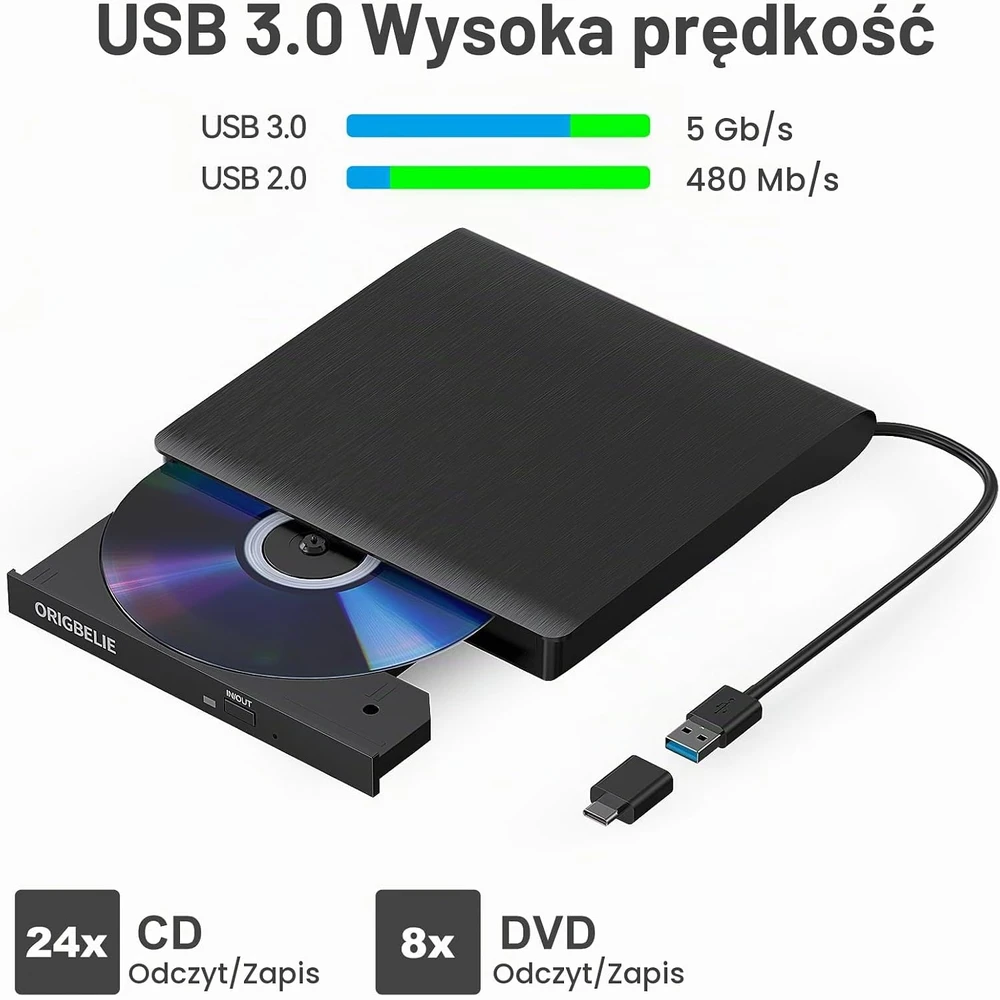 ORIGBELIE išorinis CD/DVD įrenginys su USB 3.0, USB-C adapteriu ir įrašymo funkcija BT524