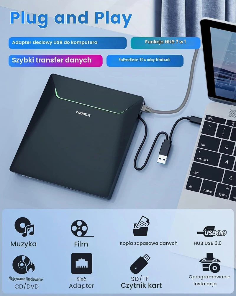 ORIGBELIE išorinis CD/DVD įrenginys su USB 3.0, Ethernet ir kortelių skaitytuvu TP998
