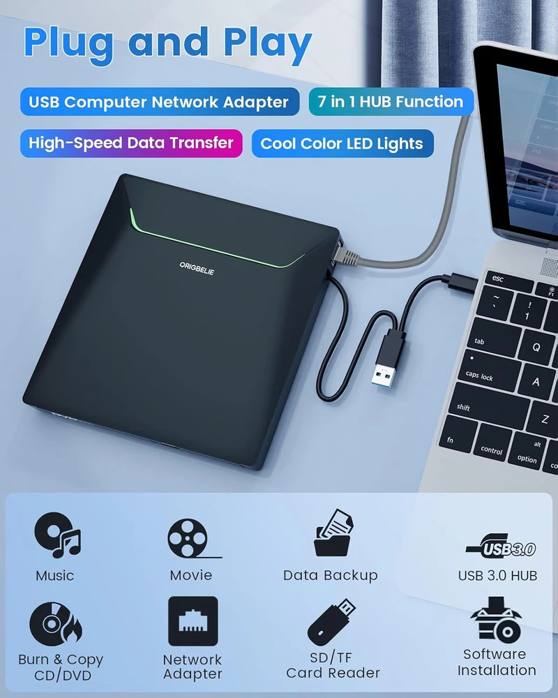 ORIGBELIE išorinis CD/DVD įrenginys su USB 3.0, Ethernet ir kortelių skaitytuvu TP998-Case