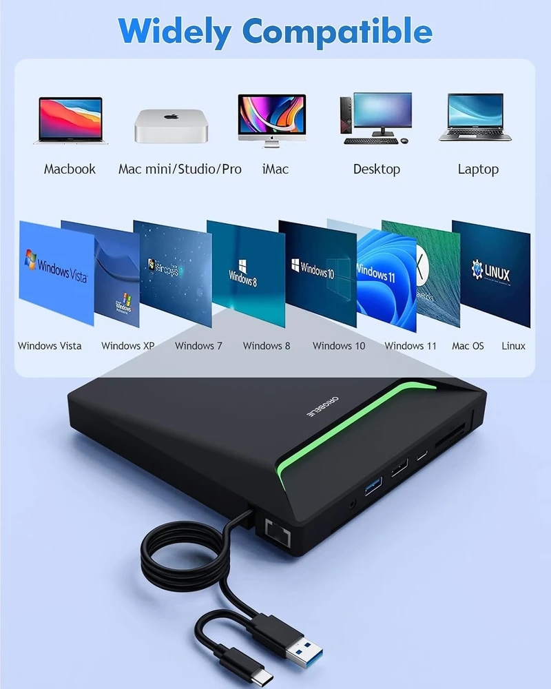 ORIGBELIE išorinis CD/DVD įrenginys su USB 3.0, Ethernet ir kortelių skaitytuvu TP998-Case