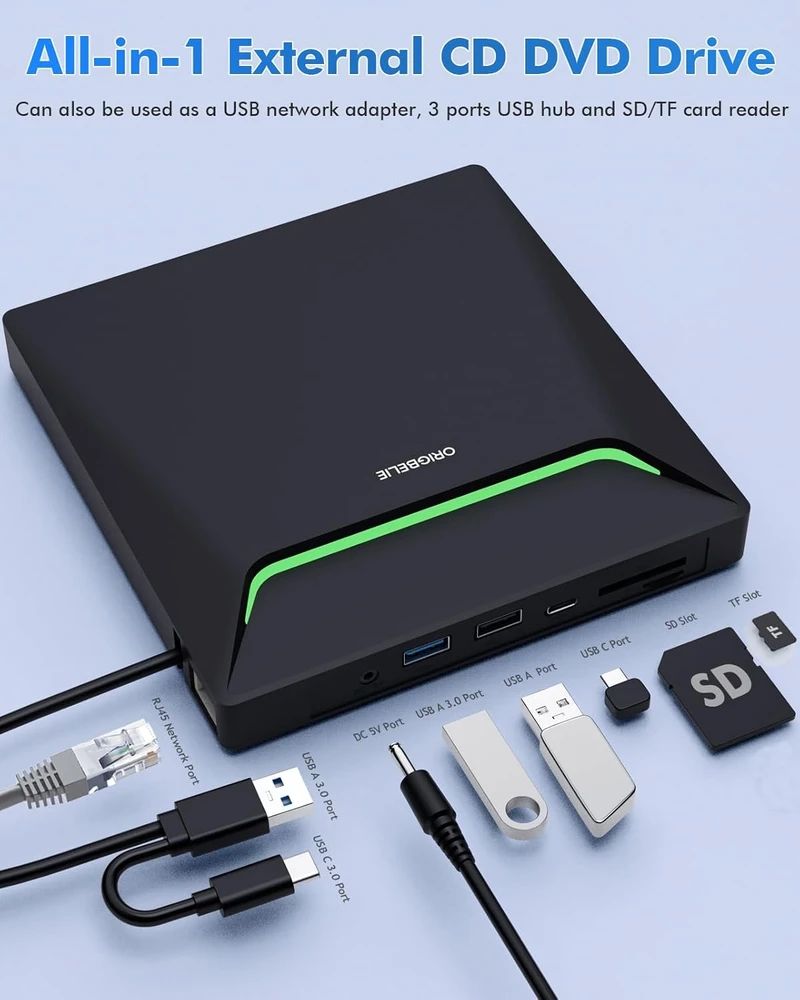 ORIGBELIE išorinis CD/DVD įrenginys su USB 3.0, Ethernet ir kortelių skaitytuvu TP998