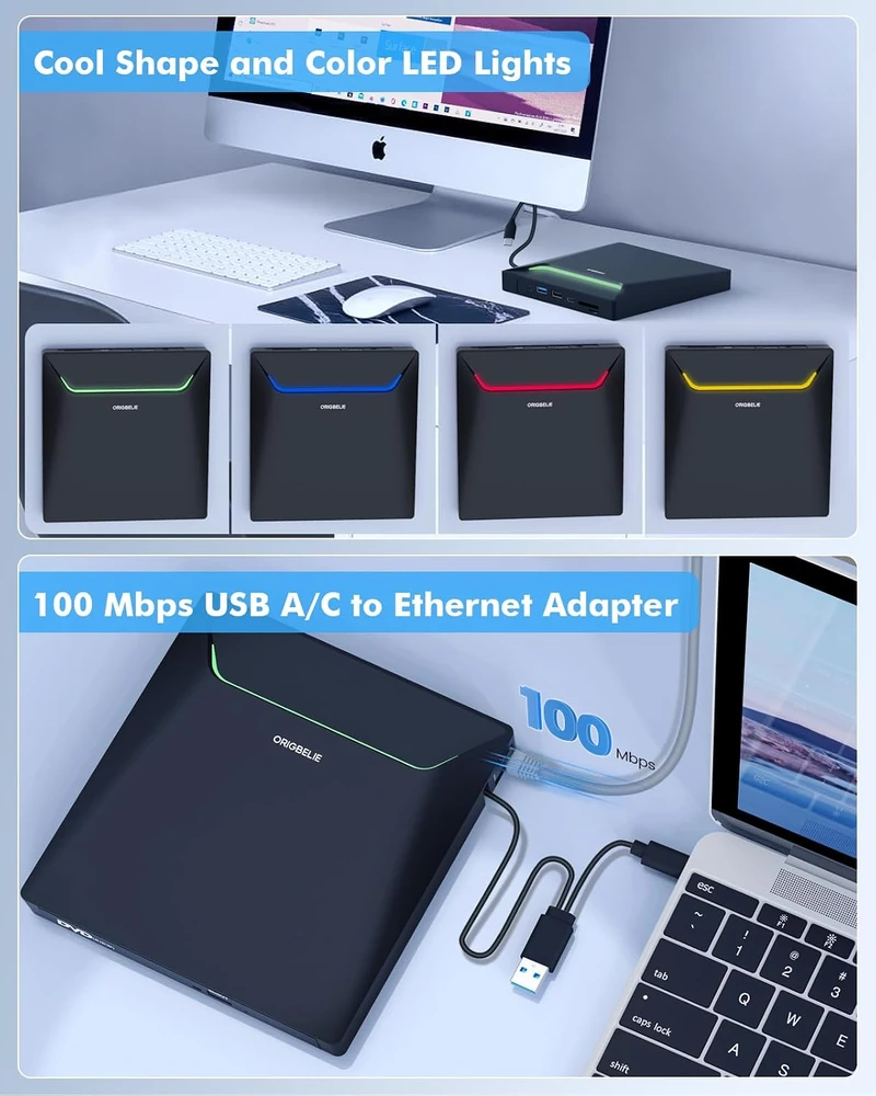 ORIGBELIE išorinis CD/DVD įrenginys su USB 3.0, Ethernet ir kortelių skaitytuvu TP998-Case