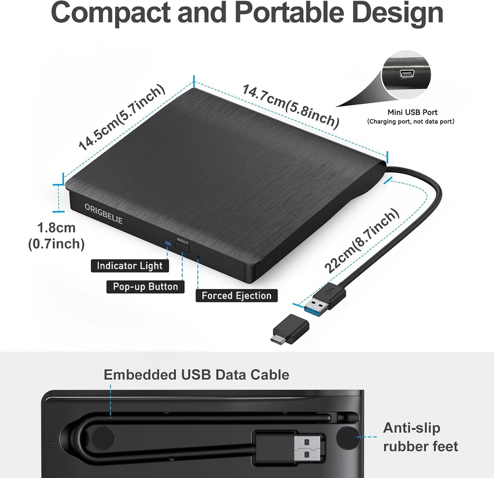 ORIGBELIE išorinis CD/DVD įrenginys su USB 3.0, USB-C adapteriu ir įrašymo funkcija BT524