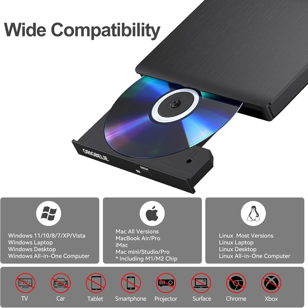 ORIGBELIE išorinis CD/DVD įrenginys su USB 3.0, USB-C adapteriu ir įrašymo funkcija BT524