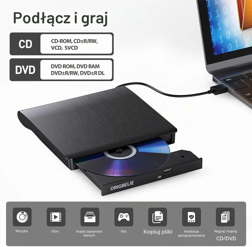 ORIGBELIE išorinis CD/DVD įrenginys su USB 3.0, USB-C adapteriu ir įrašymo funkcija BT524