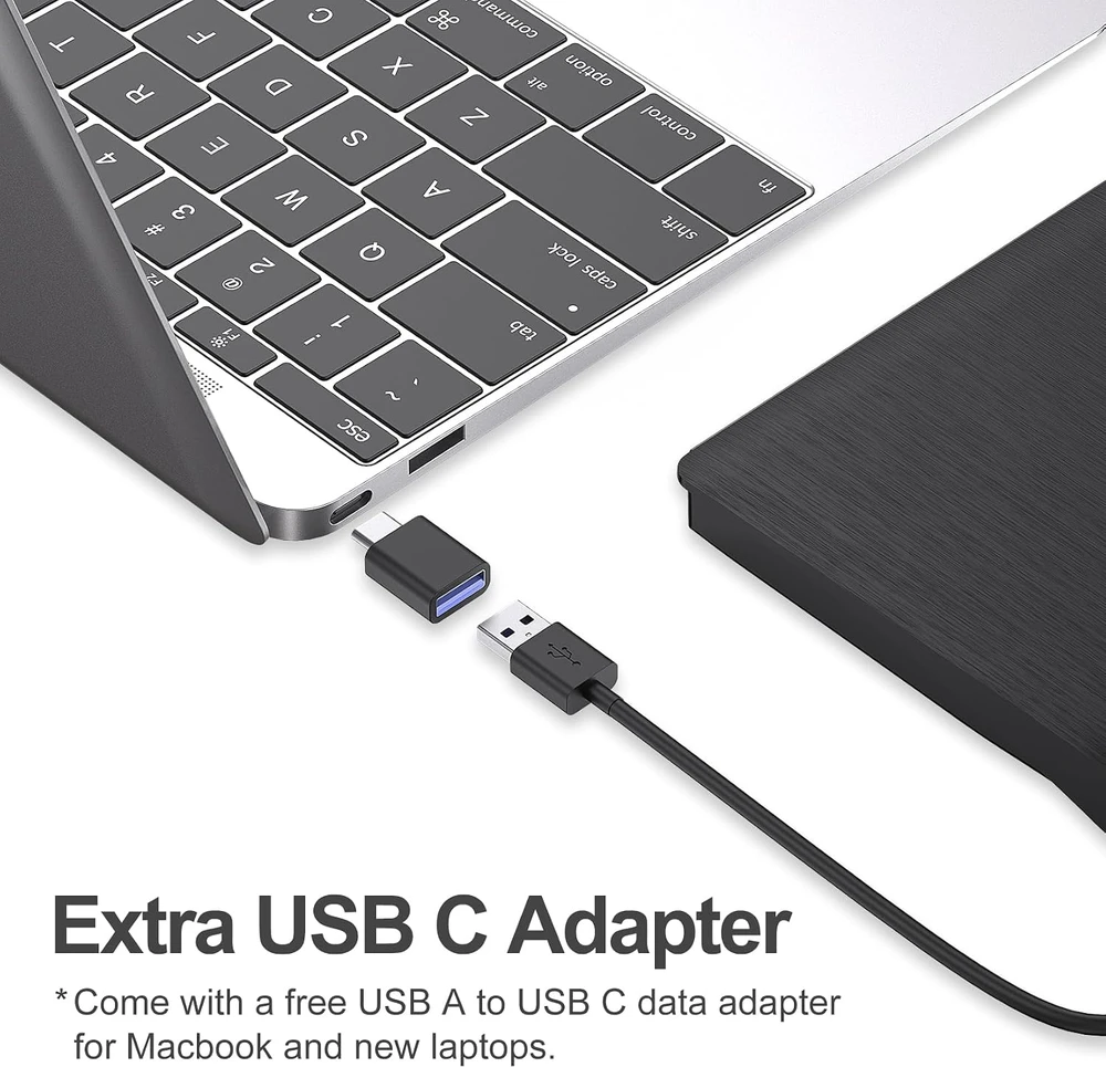 ORIGBELIE išorinis CD/DVD įrenginys su USB 3.0, USB-C adapteriu ir įrašymo funkcija BT524