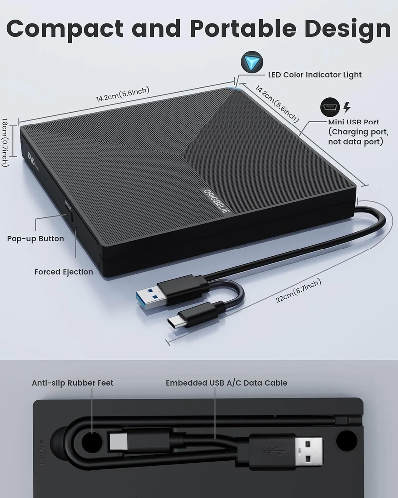 ORIGBELIE išorinis CD/DVD ±RW įrenginys su USB 3.0 ir USB-C jungtimis TP620-Juodas