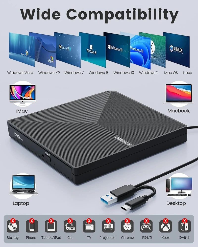 ORIGBELIE išorinis CD/DVD ±RW įrenginys su USB 3.0 ir USB-C jungtimis TP620-Juodas