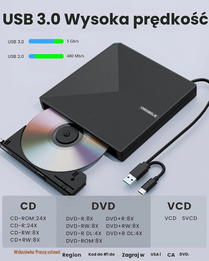 ORIGBELIE išorinis CD/DVD ±RW įrenginys su USB 3.0 ir USB-C jungtimis TP620-Juodas