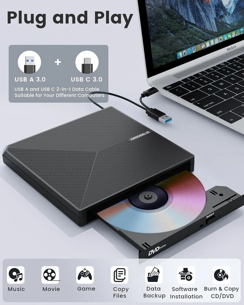 ORIGBELIE išorinis CD/DVD ±RW įrenginys su USB 3.0 ir USB-C jungtimis TP620-Juodas