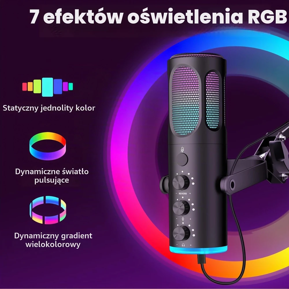 Ortizan C1 USB kondensatorinis žaidimų mikrofonas su RGB apšvietimu ir laikikliu