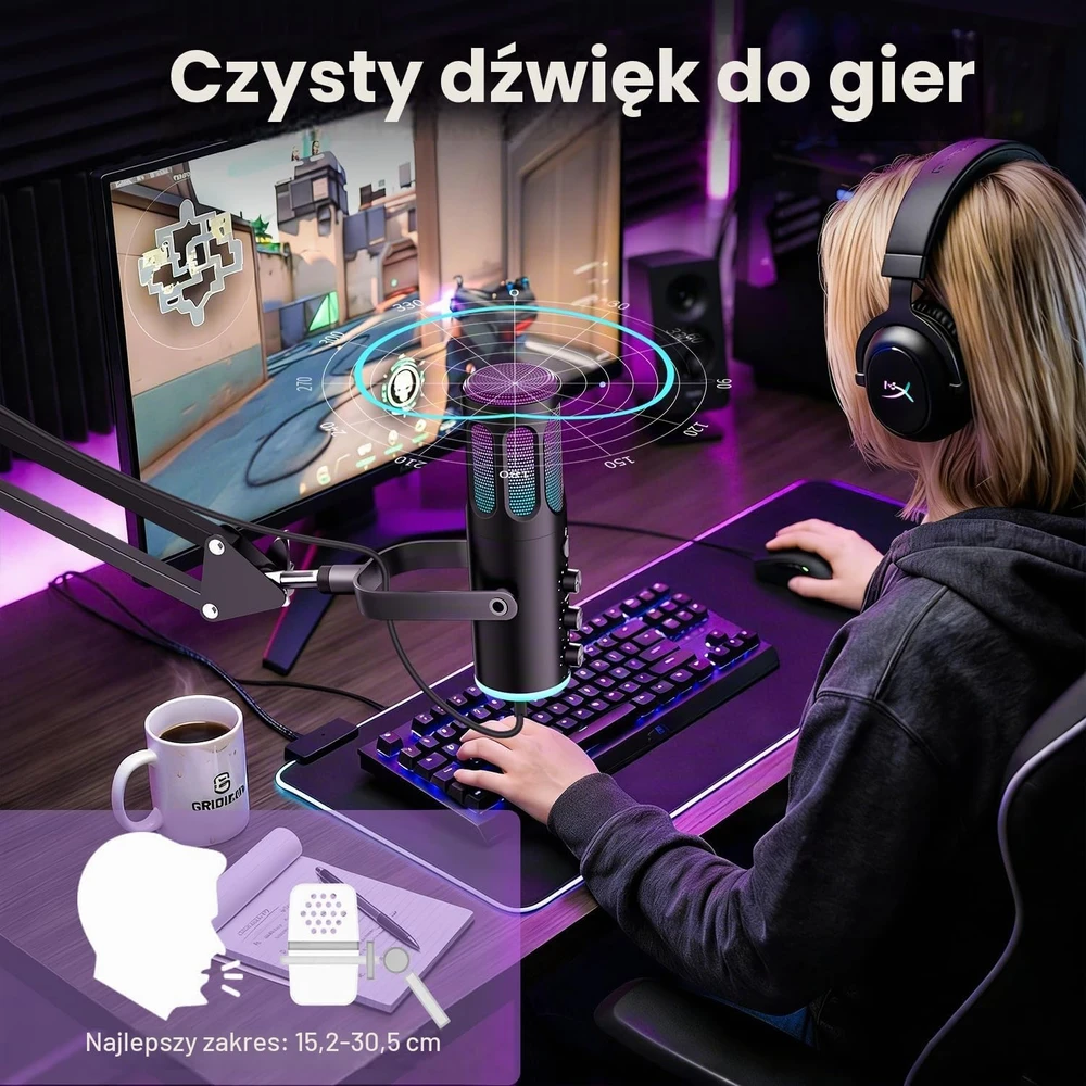 Ortizan C1 USB kondensatorinis žaidimų mikrofonas su RGB apšvietimu ir laikikliu