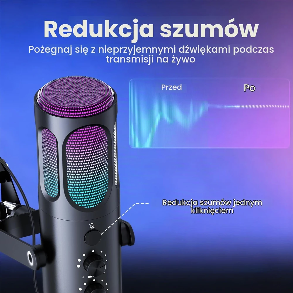 Ortizan C1 USB kondensatorinis žaidimų mikrofonas su RGB apšvietimu ir laikikliu