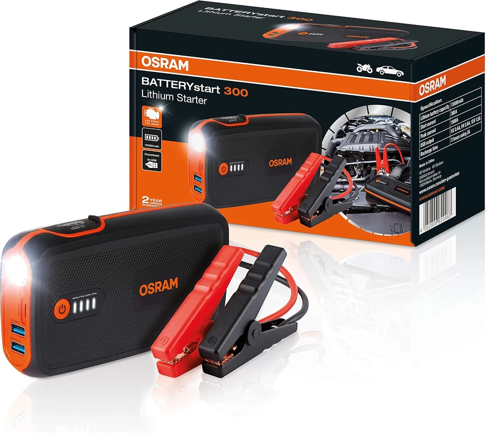 OSRAM ACE akumuliatorius-užvedėjas, ličio 13000 mAh, min srovė 300A. max srovė 1500A ,5V 2,4A,9V2.0