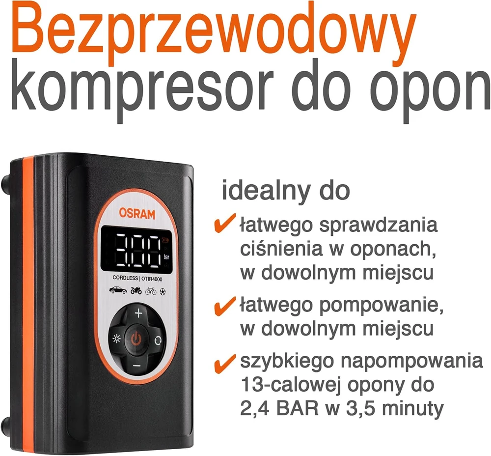 Osram „Carruzzo“ 12 V kompresorius, 8,3 barų – įkraunamas padangų pripūtimo įrenginys su skaitmeniniu apšvietimu