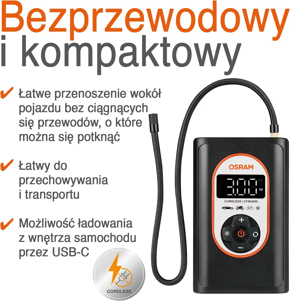 Osram „Carruzzo“ 12 V kompresorius, 8,3 barų – įkraunamas padangų pripūtimo įrenginys su skaitmeniniu apšvietimu