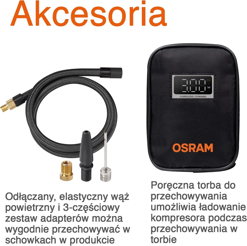 Osram „Carruzzo“ 12 V kompresorius, 8,3 barų – įkraunamas padangų pripūtimo įrenginys su skaitmeniniu apšvietimu