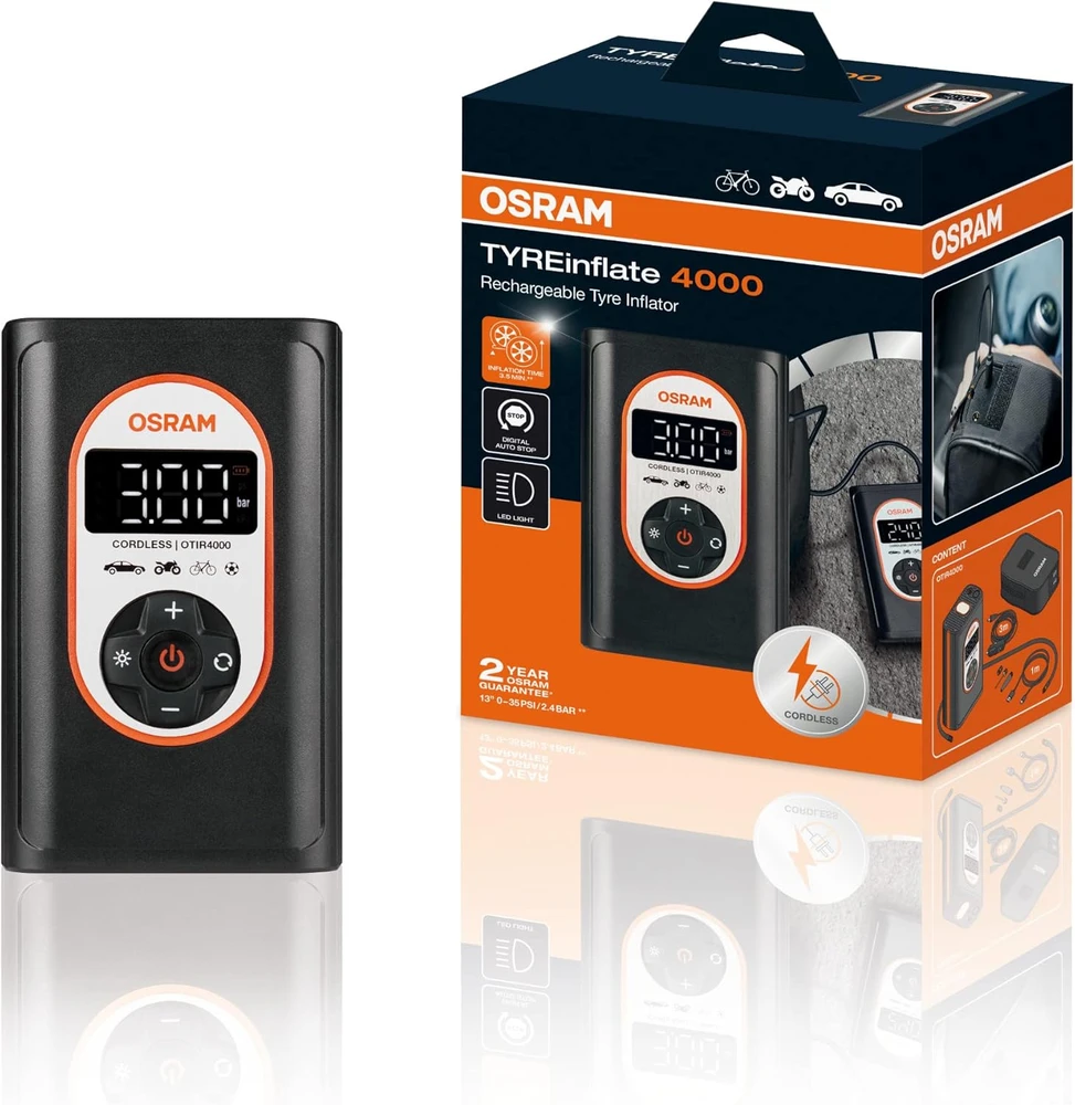 Osram „Carruzzo“ 12 V kompresorius, 8,3 barų – įkraunamas padangų pripūtimo įrenginys su skaitmeniniu apšvietimu