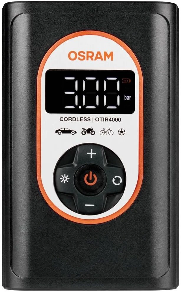 Osram „Carruzzo“ 12 V kompresorius, 8,3 barų – įkraunamas padangų pripūtimo įrenginys su skaitmeniniu apšvietimu
