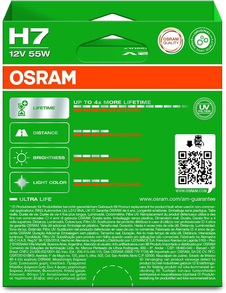 OSRAM Automobilinės lemputės ULTRA LIFE H7 55W 12V PX26D 2vnt
